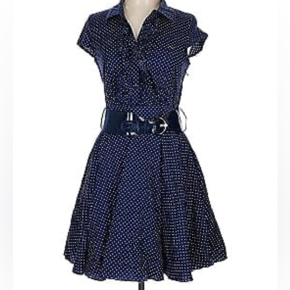 Bailey Blue vintage-style blue white polka dot pinup A line dress size M